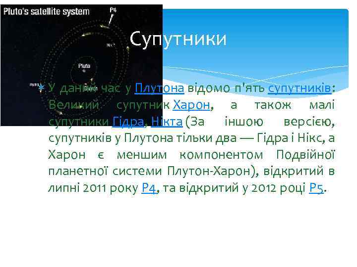 Супутники У даний час у Плутона відомо п'ять супутників: Великий супутник Харон, а також