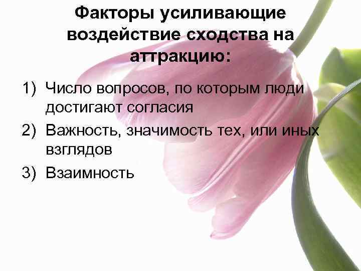 Факторы усиливающие воздействие сходства на аттракцию: 1) Число вопросов, по которым люди достигают согласия