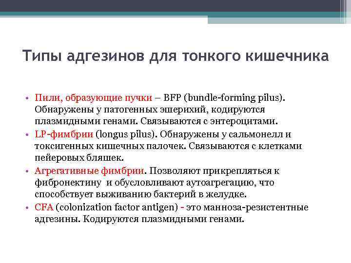 Типы адгезинов для тонкого кишечника • Пили, образующие пучки – BFP (bundle-forming pilus). Обнаружены