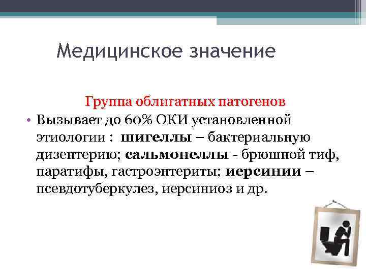 Медицинское значение Группа облигатных патогенов • Вызывает до 60% ОКИ установленной этиологии : шигеллы