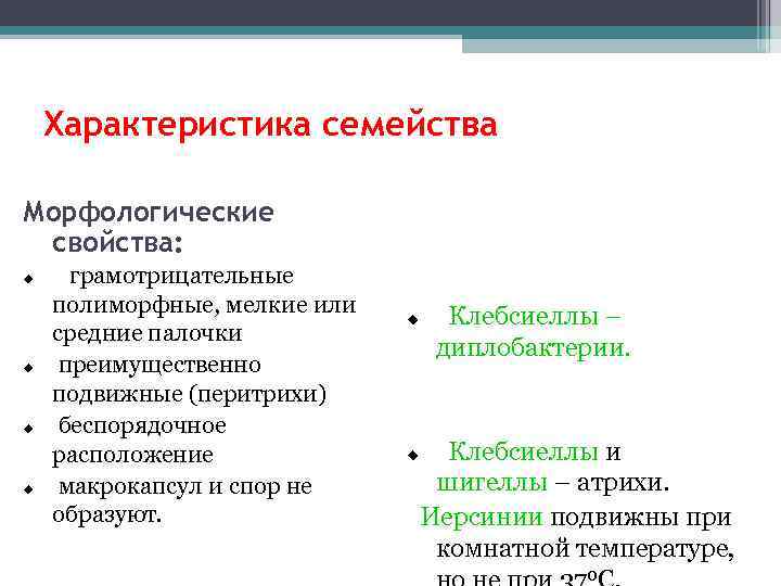 Характеристика семейства Морфологические свойства: грамотрицательные полиморфные, мелкие или средние палочки преимущественно подвижные (перитрихи) беспорядочное