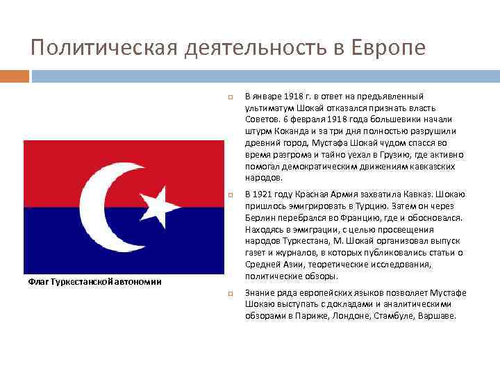 Политическая деятельность в Европе Флаг Туркестанской автономии В январе 1918 г. в ответ на