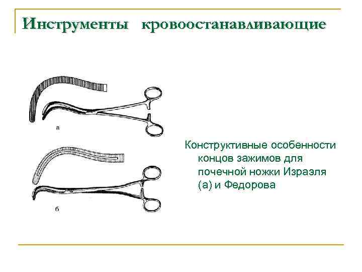 Инструменты кровоостанавливающие Конструктивные особенности концов зажимов для почечной ножки Израэля (а) и Федорова 