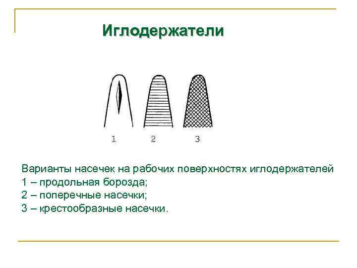 Иглодержатели Варианты насечек на рабочих поверхностях иглодержателей 1 – продольная борозда; 2 – поперечные