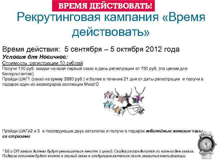 Рекрутинговая кампания «Время действовать» Время действия: 5 сентября – 5 октября 2012 года Условия