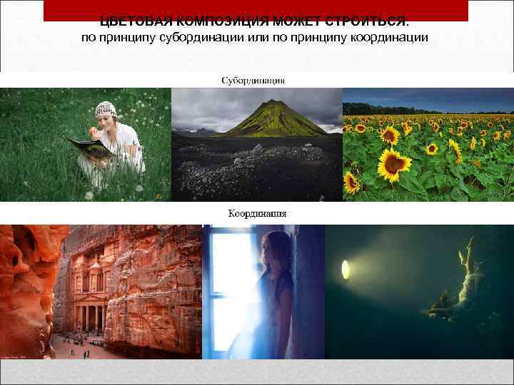 ЦВЕТОВАЯ КОМПОЗИЦИЯ МОЖЕТ СТРОИТЬСЯ: по принципу субординации или по принципу координации 