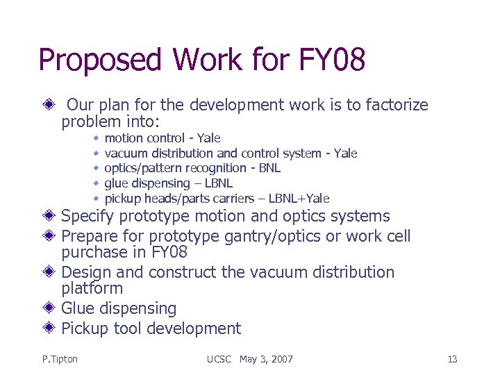 Proposed Work for FY 08 Our plan for the development work is to factorize