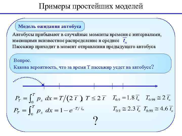 Примеры простейших моделей Модель ожидания автобуса Автобусы прибывают в случайные моменты времени с интервалами,