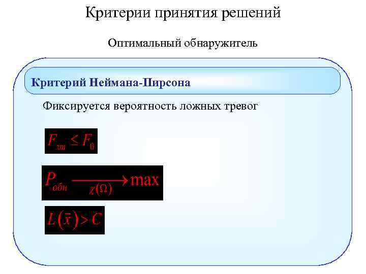 Критерии принятия решений Оптимальный обнаружитель Критерий Неймана-Пирсона Фиксируется вероятность ложных тревог 