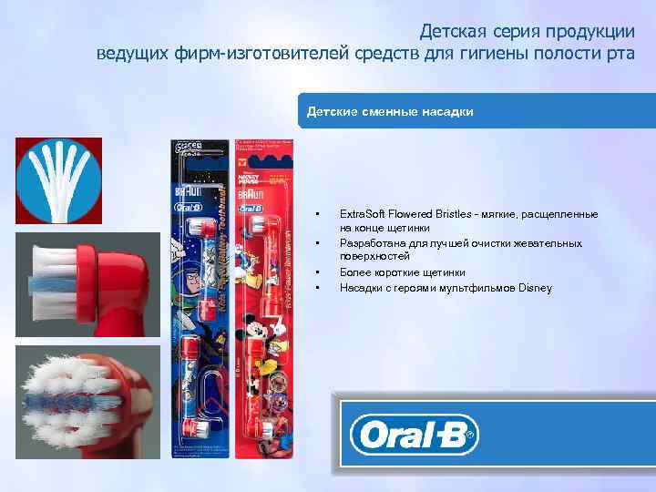 Детская серия продукции ведущих фирм-изготовителей средств для гигиены полости рта Детские сменные насадки •