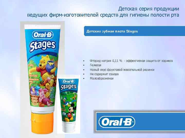 Детская серия продукции ведущих фирм-изготовителей средств для гигиены полости рта Детские зубная паста Stages