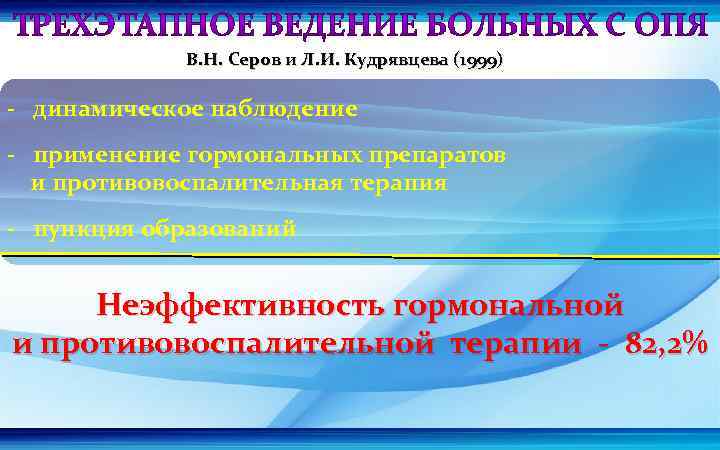 В. Н. Серов и Л. И. Кудрявцева (1999) - динамическое наблюдение - применение гормональных