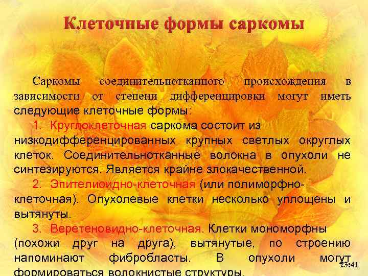 Клеточные формы саркомы Саркомы соединительнотканного происхождения в зависимости от степени дифференцировки могут иметь следующие