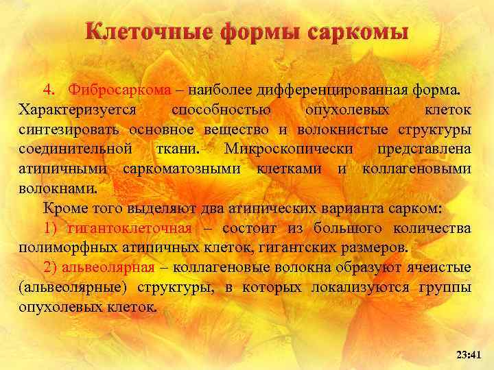 Клеточные формы саркомы 4. Фибросаркома – наиболее дифференцированная форма. Характеризуется способностью опухолевых клеток синтезировать