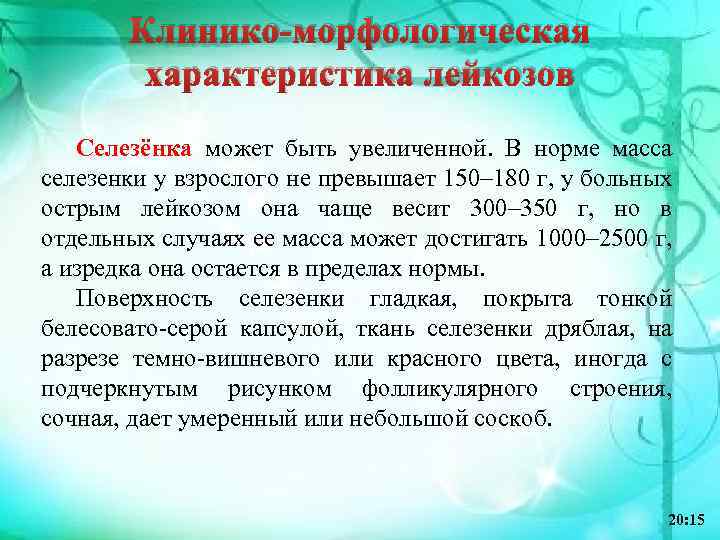 Клинико-морфологическая характеристика лейкозов Селезёнка может быть увеличенной. В норме масса селезенки у взрослого не