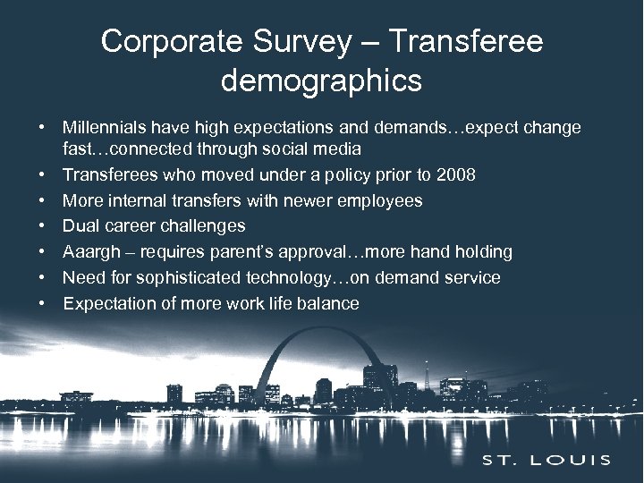 Corporate Survey – Transferee Insert demographics Here Session Title • Millennials have high expectations