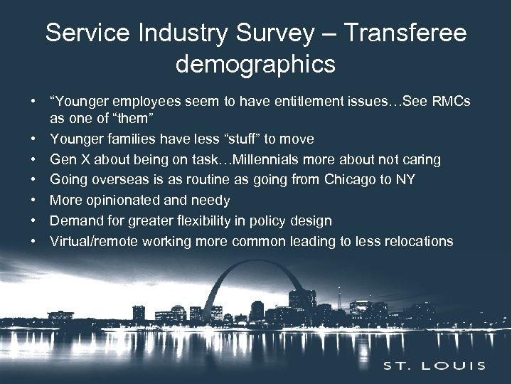 Service Industry Survey – Transferee Insert demographics Here Session Title • “Younger employees seem
