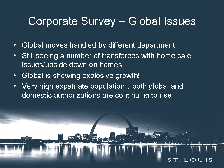 Corporate Session Title Here Insert Survey – Global Issues • Global moves handled by