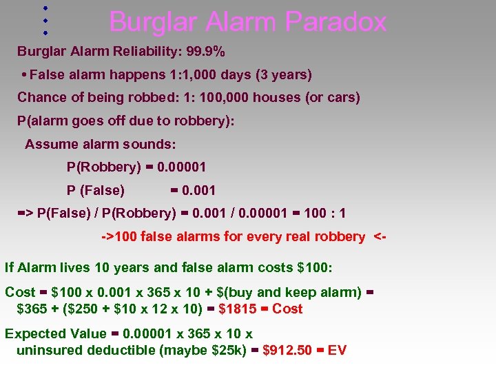 Burglar Alarm Paradox Burglar Alarm Reliability: 99. 9% • False alarm happens 1: 1,