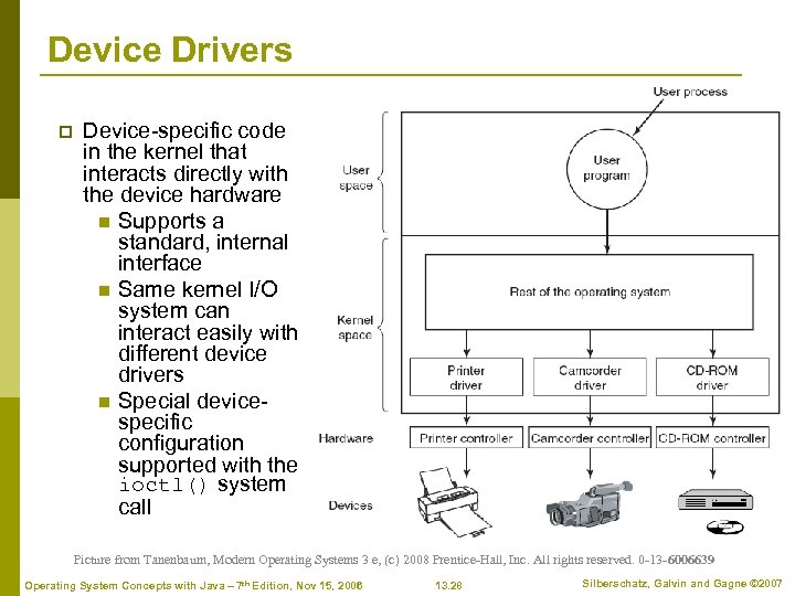 Device Drivers p Device-specific code in the kernel that interacts directly with the device