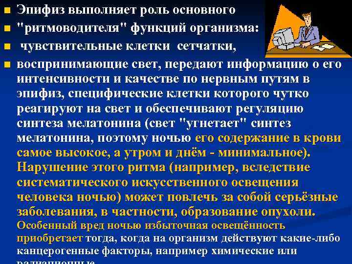 n n Эпифиз выполняет роль основного "ритмоводителя" функций организма: чувствительные клетки сетчатки, воспринимающие свет,