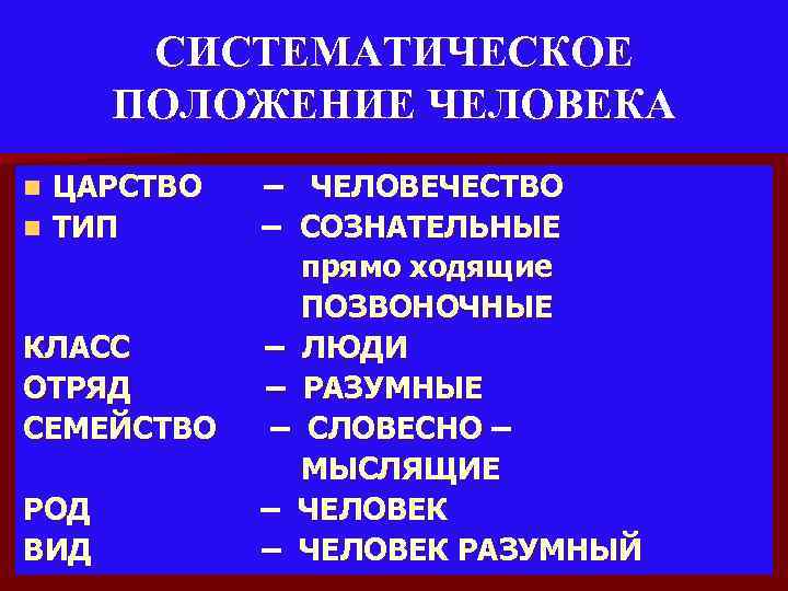 СИСТЕМАТИЧЕСКОЕ ПОЛОЖЕНИЕ ЧЕЛОВЕКА ЦАРСТВО n ТИП n КЛАСС ОТРЯД СЕМЕЙСТВО РОД ВИД – ЧЕЛОВЕЧЕСТВО