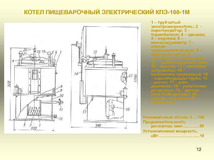 КОТЕЛ ПИЩЕВАРОЧНЫЙ ЭЛЕКТРИЧЕСКИЙ КПЭ-100 -1 М 1 – трубчатый электронагреватель; 2 парогенератор; 3 –