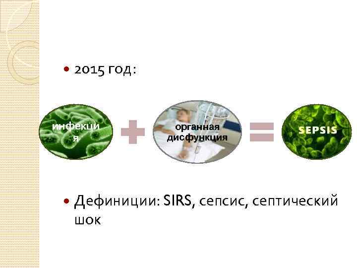  2015 год: инфекци я органная дисфункция Дефиниции: SIRS, сепсис, септический шок 