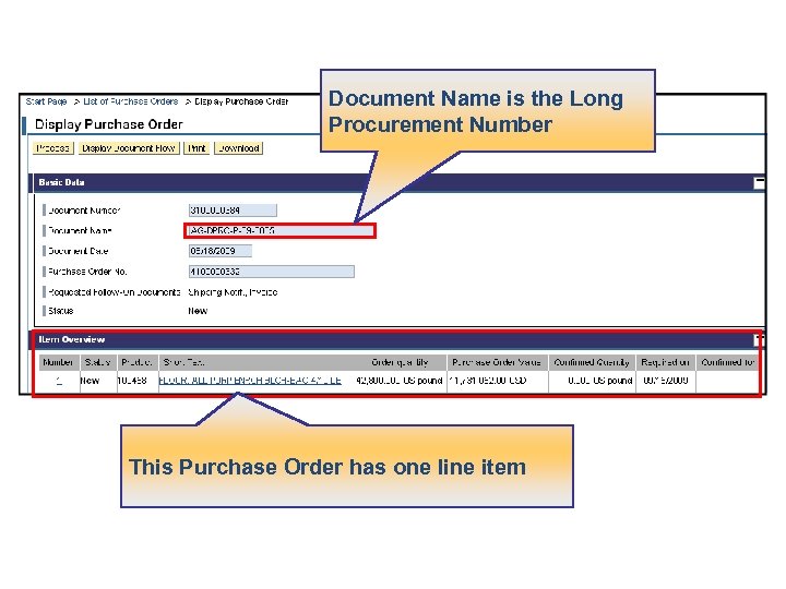 Document Name is the Long Procurement Number This Purchase Order has one line item
