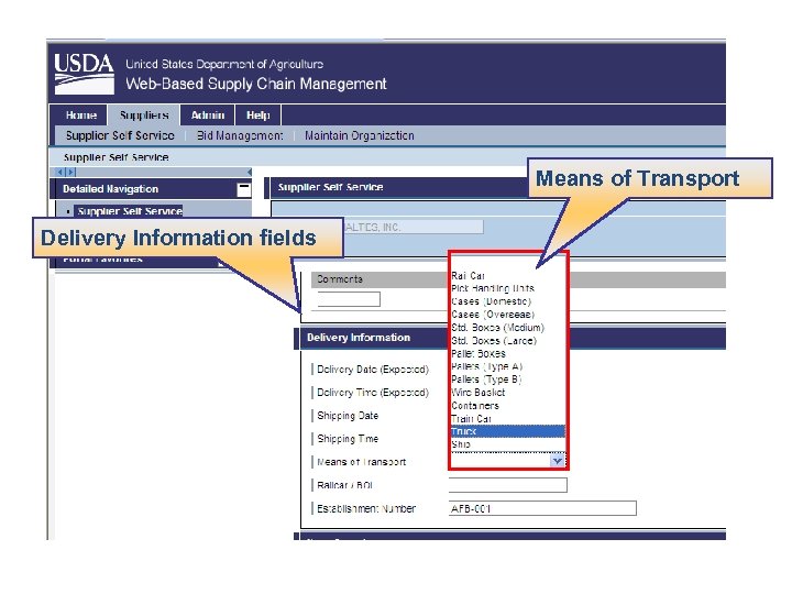 Means of Transport Delivery Information fields 
