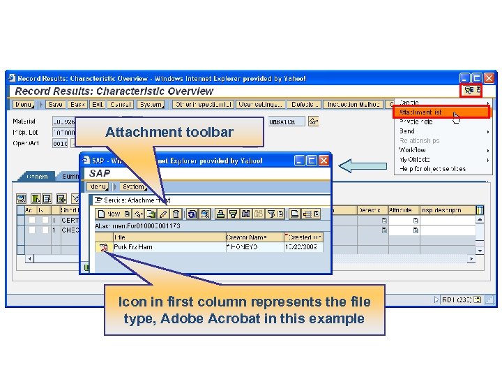 Attachment toolbar Icon in first column represents the file type, Adobe Acrobat in this