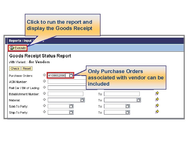 Click to run the report and display the Goods Receipt Only Purchase Orders associated