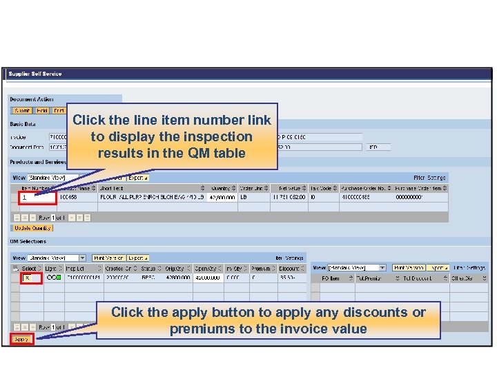 Click the line item number link to display the inspection results in the QM