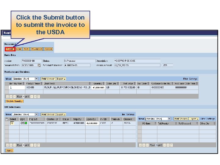 Click the Submit button to submit the invoice to the USDA 