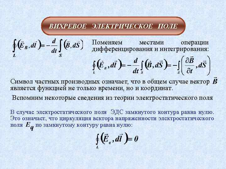 ВИХРЕВОЕ ЭЛЕКТРИЧЕСКОЕ ПОЛЕ Поменяем местами операции дифференцирования и интегрирования: Символ частных производных означает, что