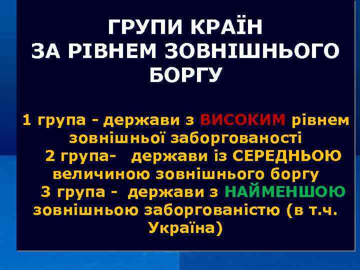ГРУПИ КРАЇН ЗА РІВНЕМ ЗОВНІШНЬОГО БОРГУ 1 група - держави з ВИСОКИМ рівнем зовнішньої