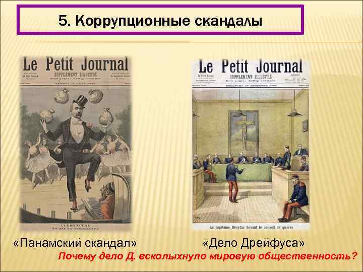 5. Коррупционные скандалы «Панамский скандал» «Дело Дрейфуса» Почему дело Д. всколыхнуло мировую общественность? 