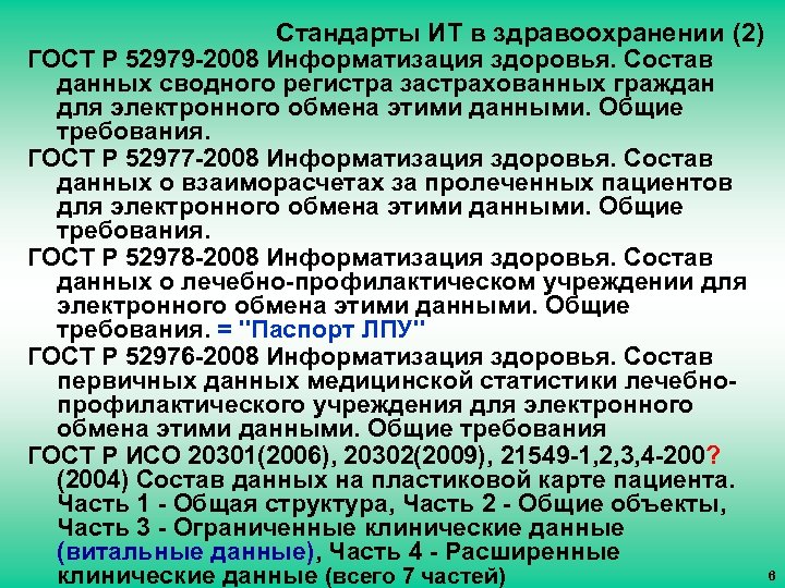 Стандарты ИТ в здравоохранении (2) ГОСТ Р 52979 -2008 Информатизация здоровья. Состав данных сводного