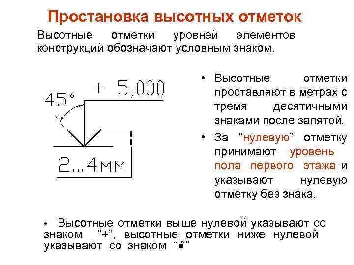 Условные отметки уровня при выполнении строительных чертежей проставляют в