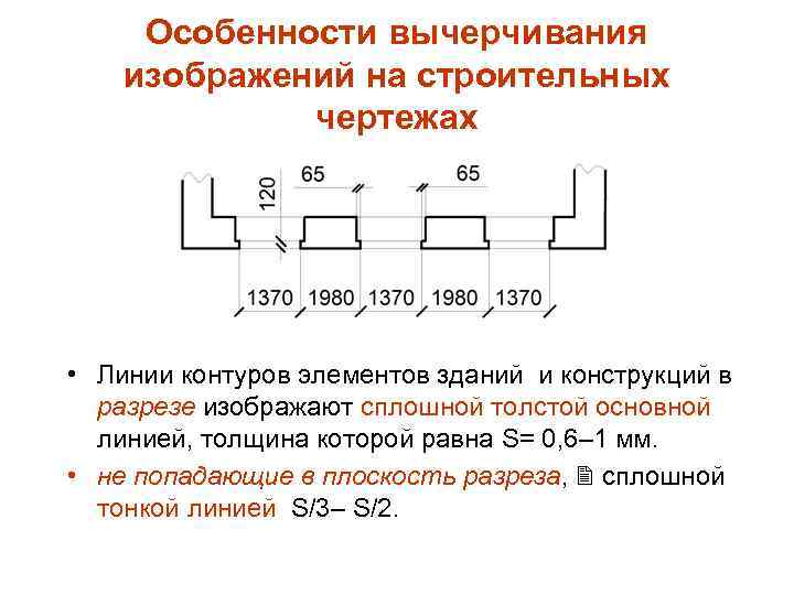 Особенности вычерчивания изображений на строительных чертежах • Линии контуров элементов зданий и конструкций в