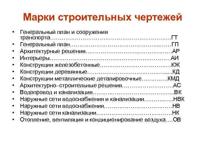 Марки строительных чертежей • Генеральный план и сооружения транспорта……………………………. ГТ • Генеральный план……………………. .