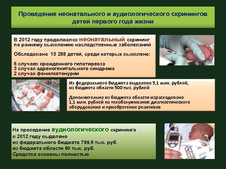 Проведение неонатального и аудиологического скринингов детей первого года жизни В 2012 году продолжался неонатальный