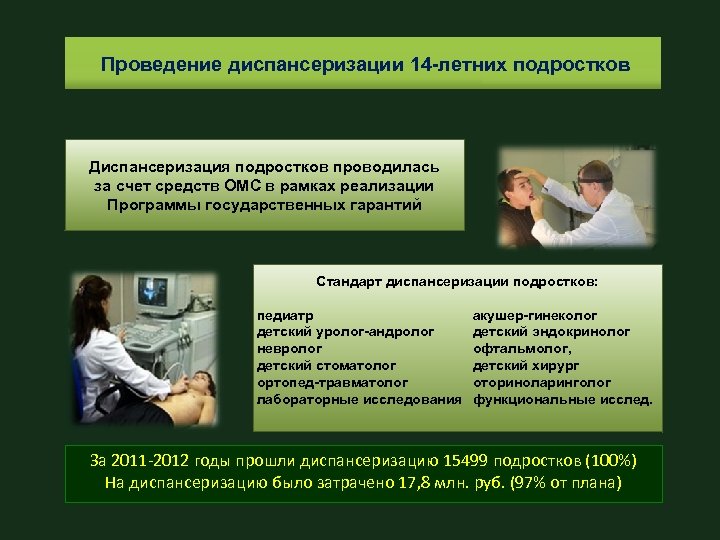 Проведение диспансеризации 14 -летних подростков Диспансеризация подростков проводилась за счет средств ОМС в рамках