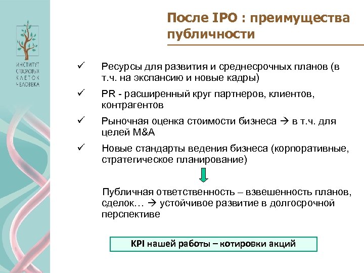 После IPO : преимущества публичности ü Ресурсы для развития и среднесрочных планов (в т.