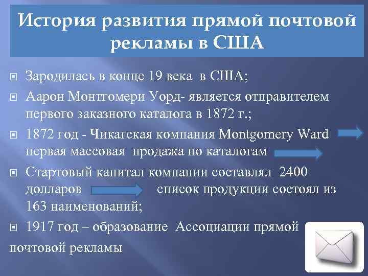 История развития прямой почтовой рекламы в США Зародилась в конце 19 века в США;