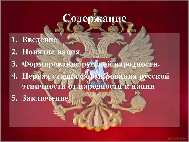 Содержание 1. 2. 3. 4. Введение Понятие нация Формирование русской народности. Первая стадия формирования