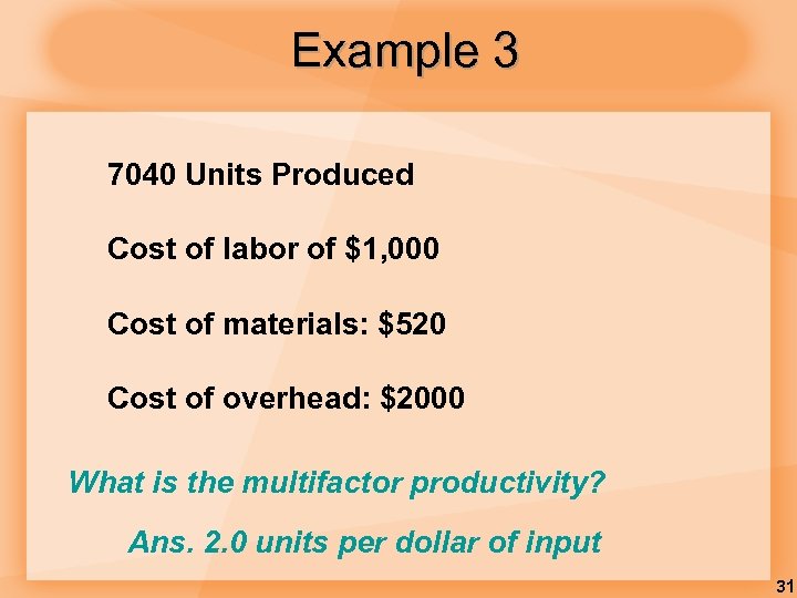 Example 3 7040 Units Produced Cost of labor of $1, 000 Cost of materials: