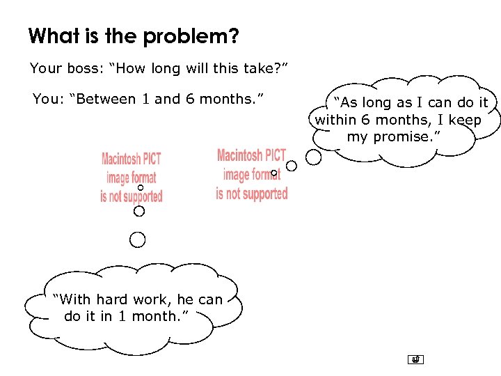 What is the problem? Your boss: “How long will this take? ” You: “Between