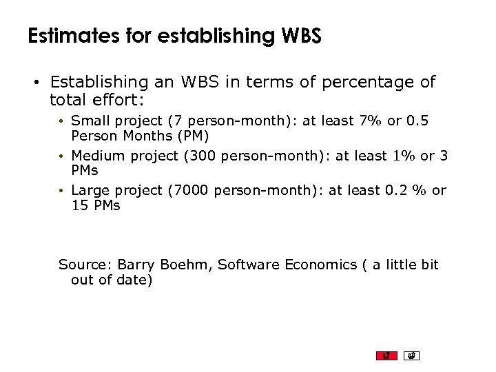 Estimates for establishing WBS • Establishing an WBS in terms of percentage of total
