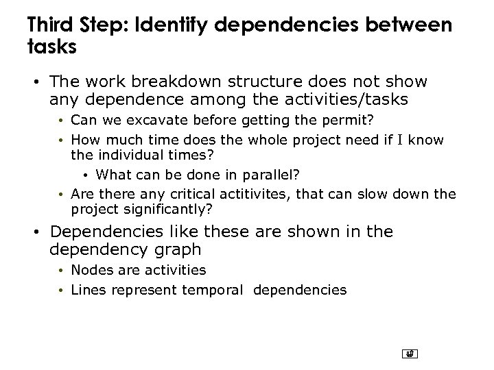 Third Step: Identify dependencies between tasks • The work breakdown structure does not show
